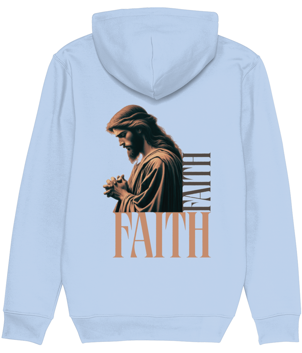 Women's Light blue hoodie with a graphic of a praying figure and the word 'FAITH' on the back.