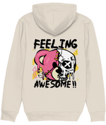 Men's Beige hoodie with a graphic design on the back featuring a pink heart and skull with 'FEELING AWESOME!!' text.