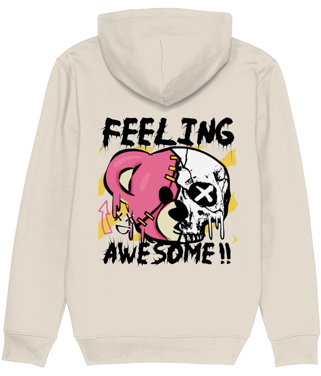 Men's Beige hoodie with a graphic design on the back featuring a pink heart and skull with 'FEELING AWESOME!!' text.