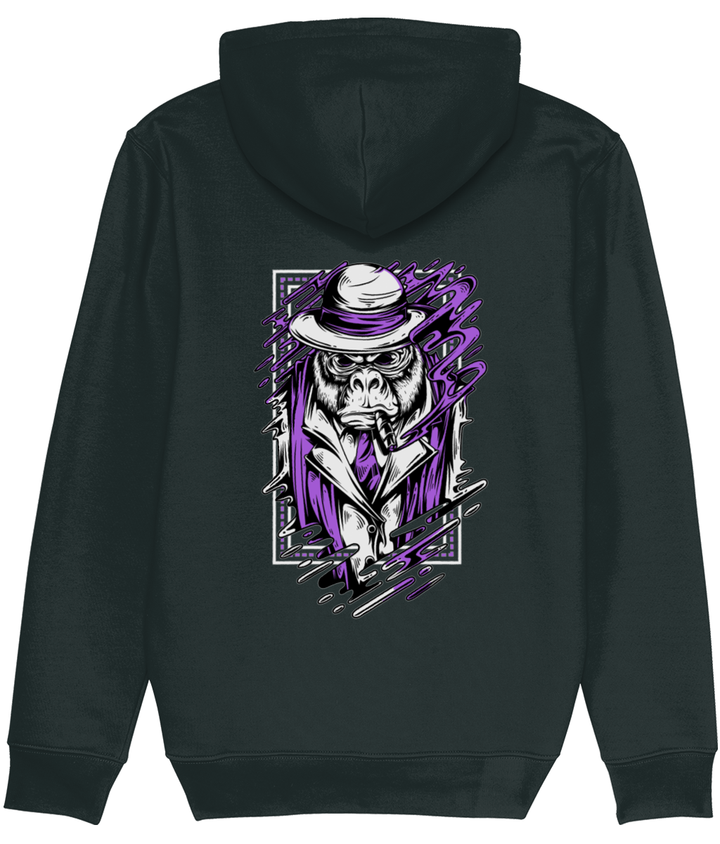 Men's Black hoodie with a gorilla graphic design on the back against a white background