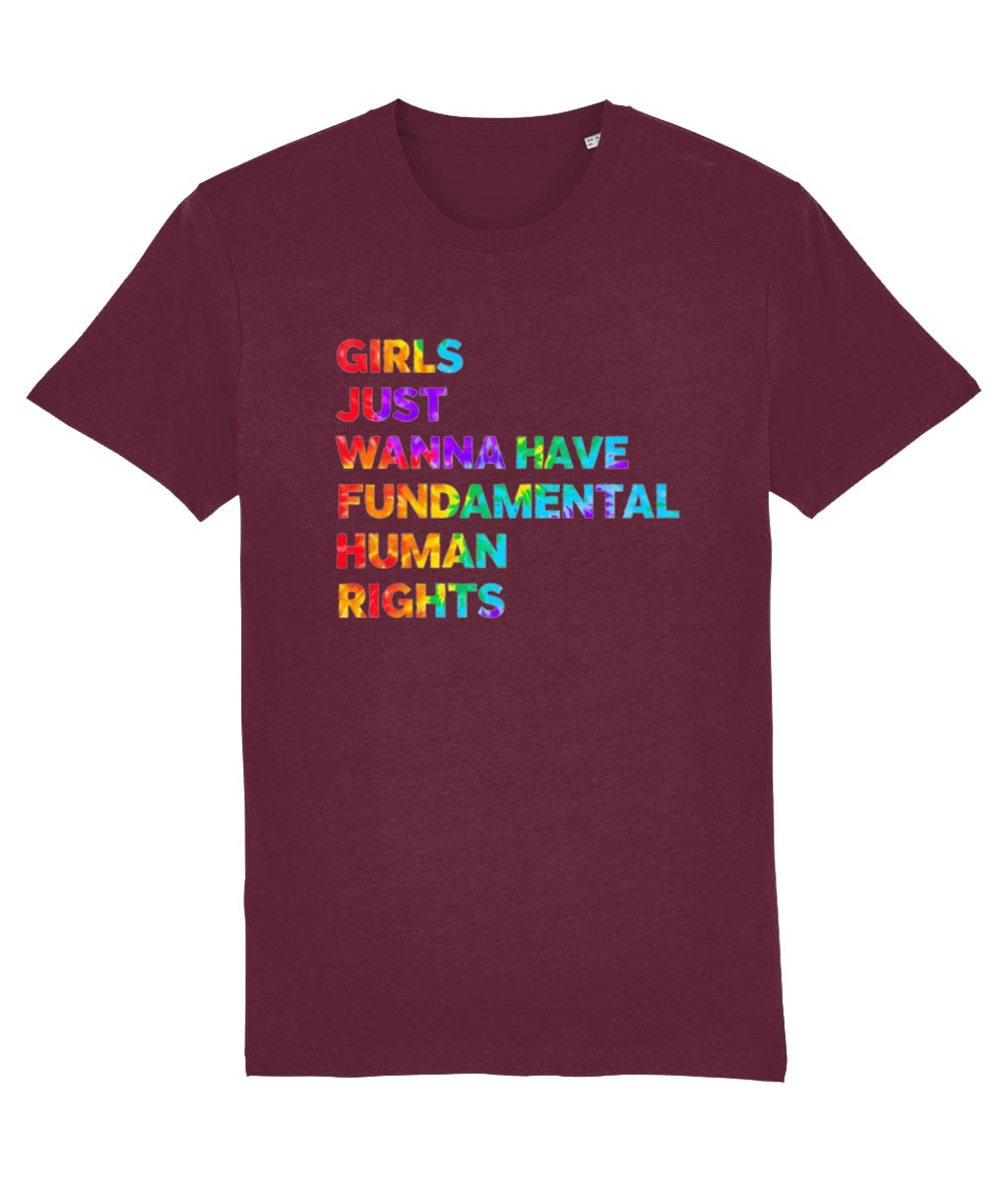 Women's Maroon t-shirt with colorful text on a white background