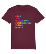 Women's Maroon t-shirt with colorful text on a white background