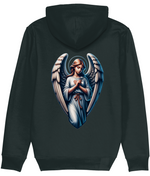 A dark charcoal womens gray hoodie shown from the back, featuring a large graphic print of a praying angel with outstretched wings and a blue robe.