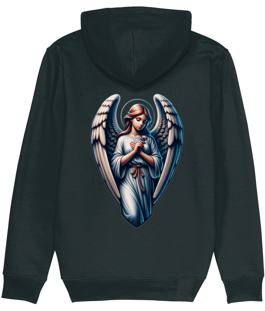 A dark charcoal womens gray hoodie shown from the back, featuring a large graphic print of a praying angel with outstretched wings and a blue robe.