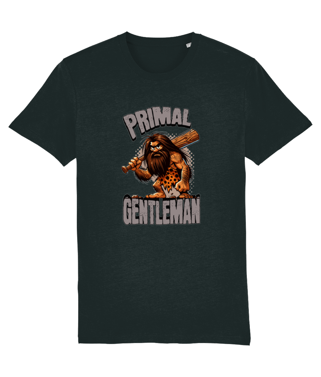 Black t-shirt with 'Primal Gentleman' graphic design on a white background