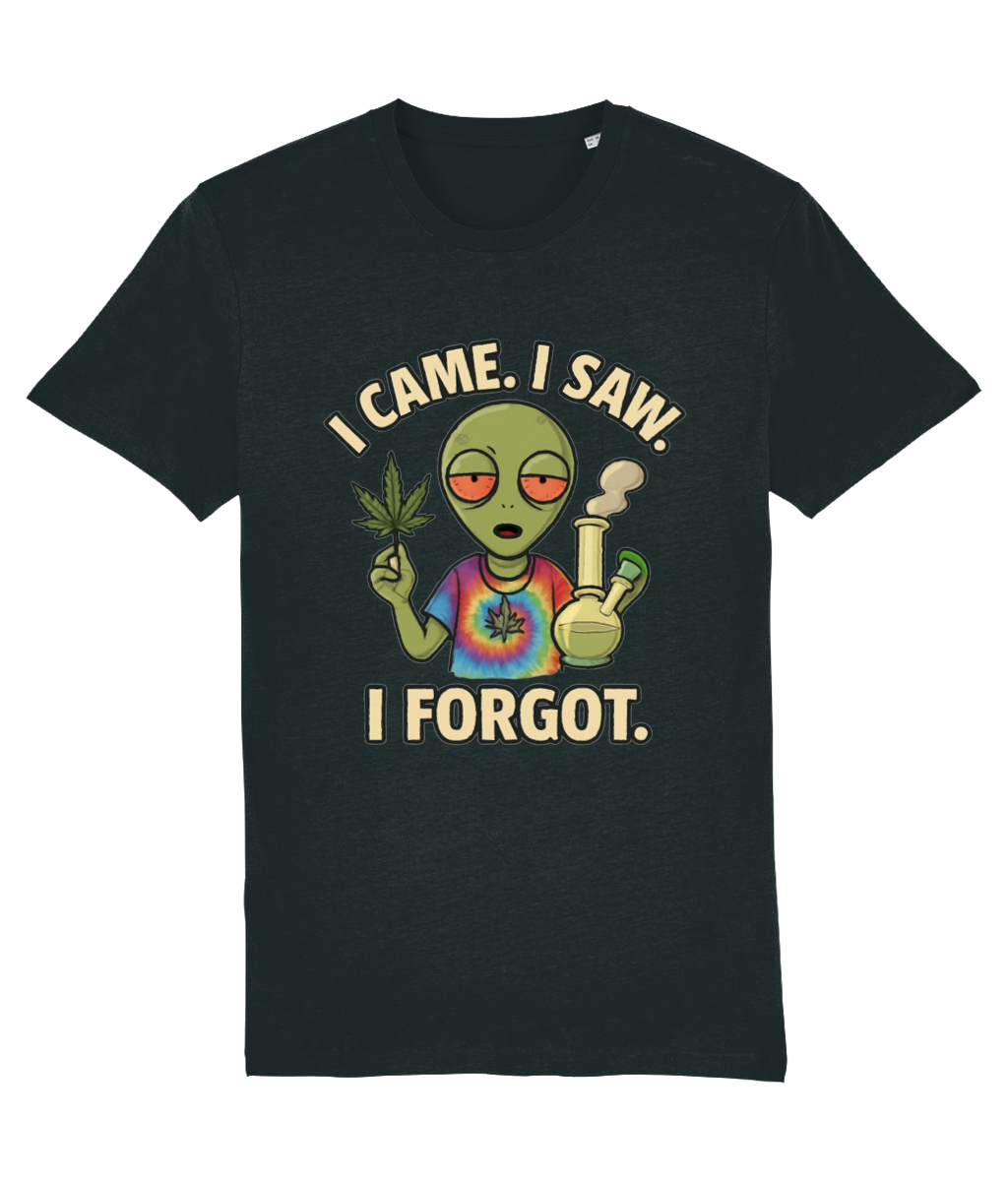 Black t-shirt with an alien graphic and text 'I Came. I Saw. I Forgot.' on a white background
