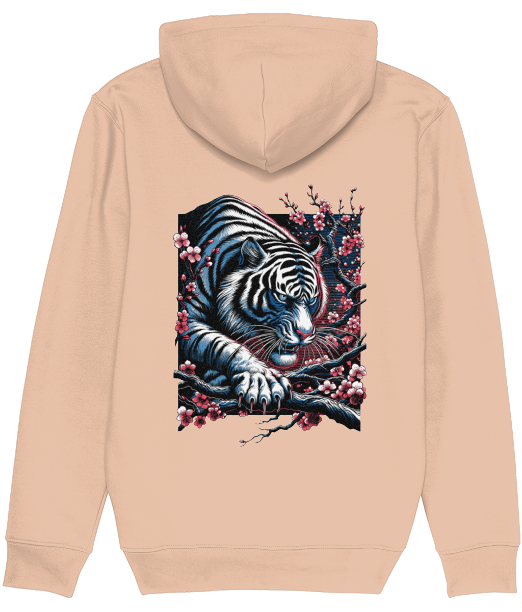 A womens light peach-beige pullover hoodie shown from the back, featuring a large graphic print of a white tiger with black stripes and pink blossoms on a dark background.