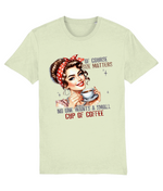 Women's Light green t-shirt with graphic of a woman holding a coffee cup and text on a white background