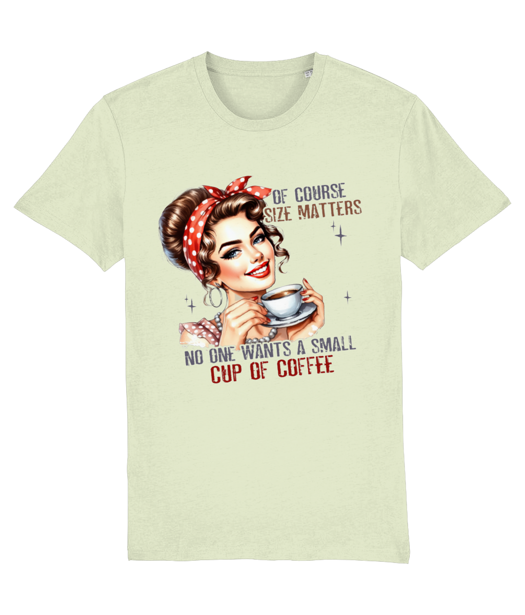 Women's Light green t-shirt with graphic of a woman holding a coffee cup and text on a white background