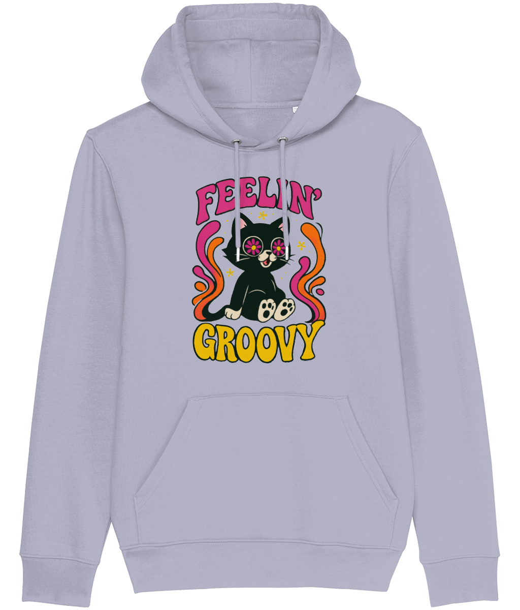 Stanley/Stella Light gray hoodie with a black cat graphic and 'Feelin' Groovy' text on a white background