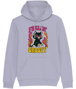Stanley/Stella Light gray hoodie with a black cat graphic and 'Feelin' Groovy' text on a white background