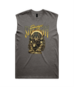A dark heather gray sleeveless muscle t-shirt featuring a graphic print of a muscular bear chained down with the text 'Savage Strength' in yellow and gold lettering.