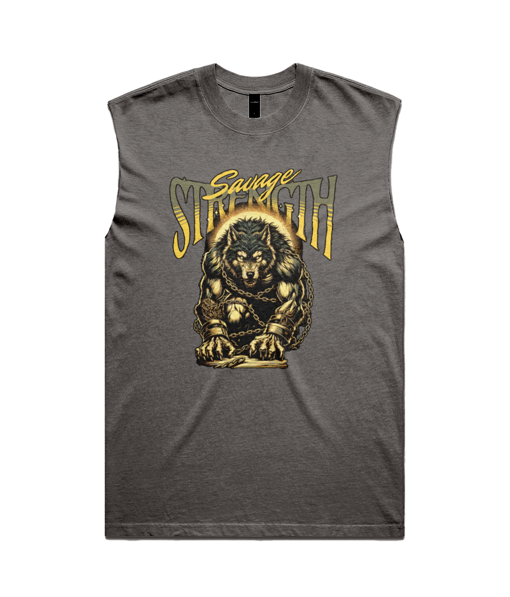 A dark heather gray sleeveless muscle t-shirt featuring a graphic print of a muscular bear chained down with the text 'Savage Strength' in yellow and gold lettering.