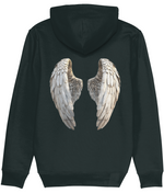 Women's Stanley/Stella Black hoodie with angel wings design on the back against a white background