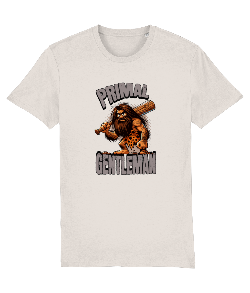 T-shirt with a graphic of a caveman holding a baseball bat and 'Primal Gentleman' text on a white background.