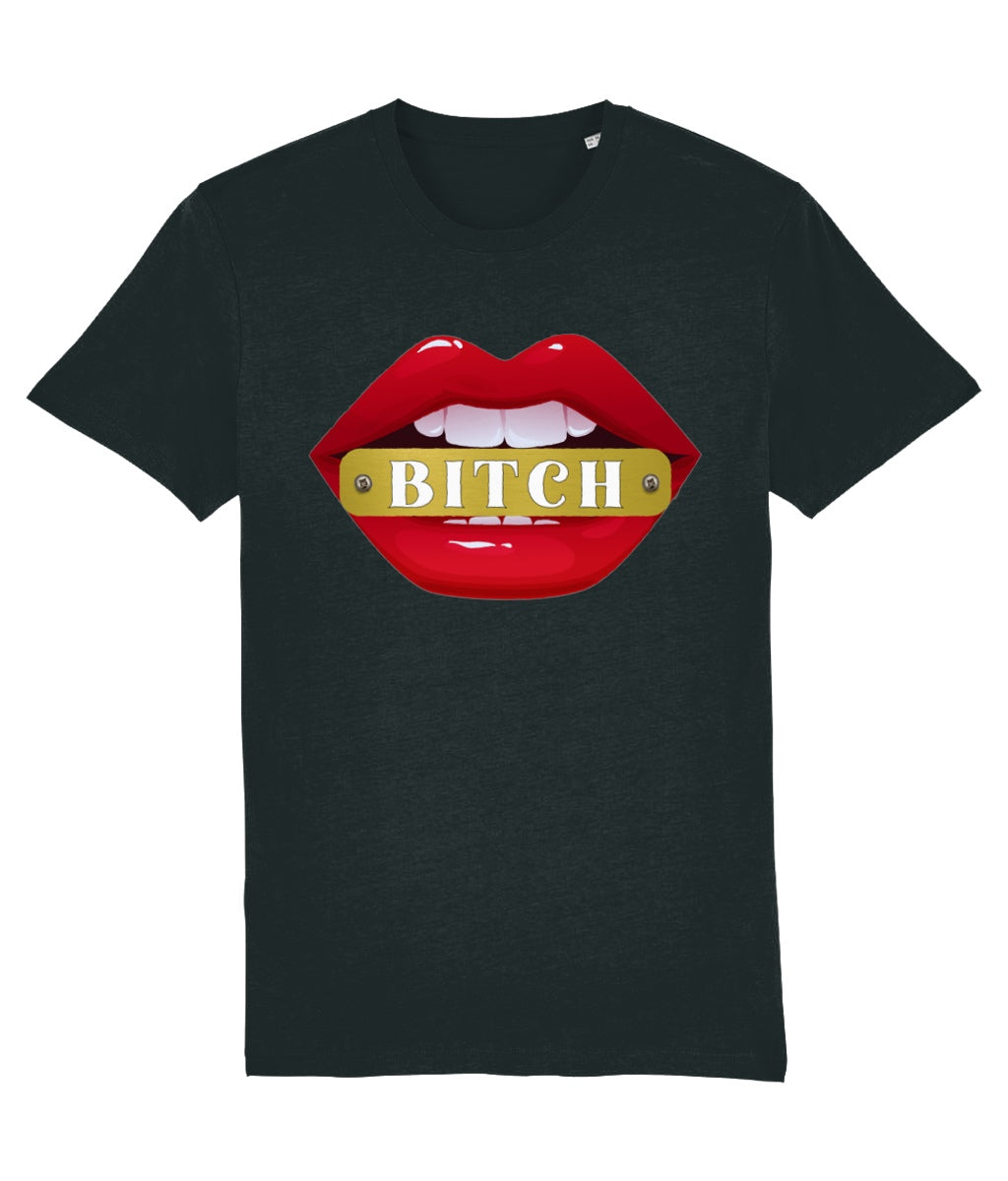 Women's Black t-shirt with red lips graphic and 'Bitch' text on a white background