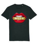 Women's Black t-shirt with red lips graphic and 'Bitch' text on a white background