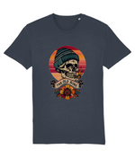 Stanley/Stella Creator Navy blue t-shirt with a skull wearing a beanie and sunglasses design on a white background