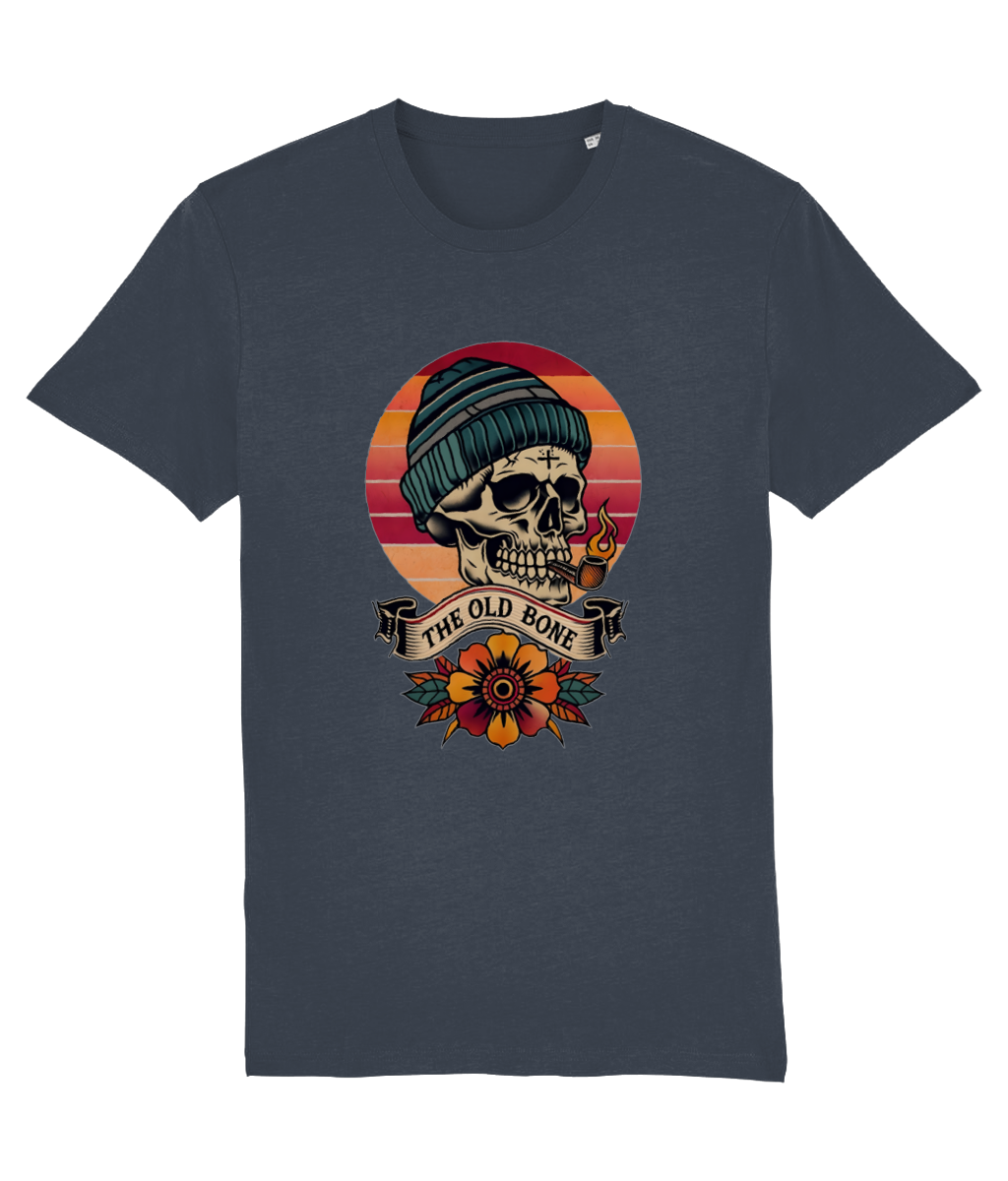 Stanley/Stella Creator Navy blue t-shirt with a skull wearing a beanie and sunglasses design on a white background