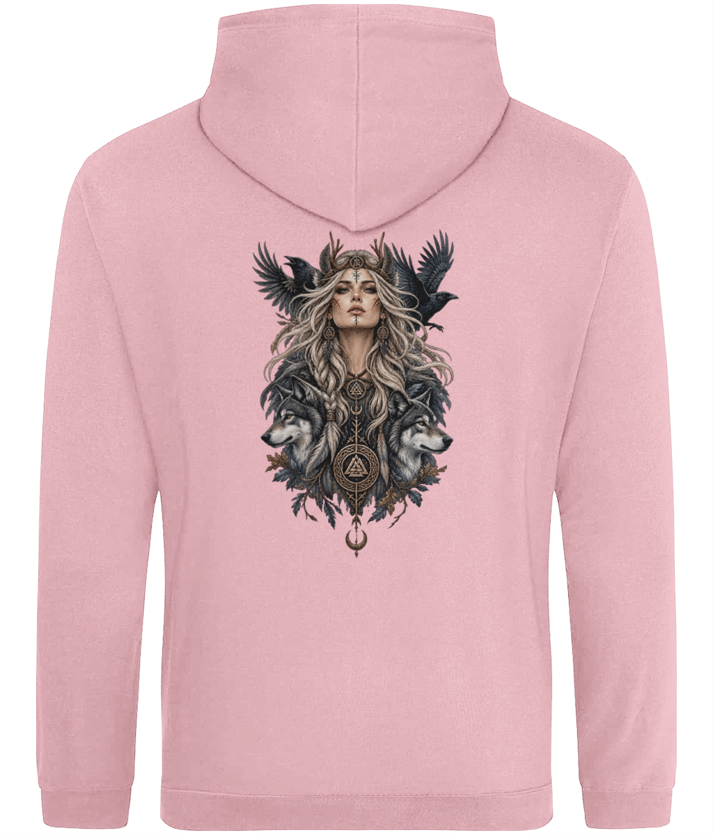A light pink pullover hoodie shown from the back, featuring a large central graphic print of a woman with long wavy hair, flanked by two black raven birds and two gray wolves, with a triangular symbol and pendant motif below.