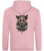 A light pink pullover hoodie shown from the back, featuring a large central graphic print of a woman with long wavy hair, flanked by two black raven birds and two gray wolves, with a triangular symbol and pendant motif below.