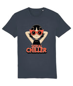 women's Navy blue t-shirt with a graphic of a person wearing red sunglasses and 'Serial Chiller' text on a white background
