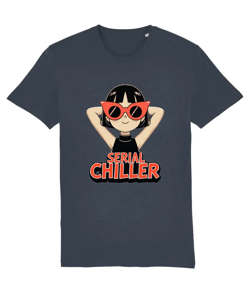 women's Navy blue t-shirt with a graphic of a person wearing red sunglasses and 'Serial Chiller' text on a white background