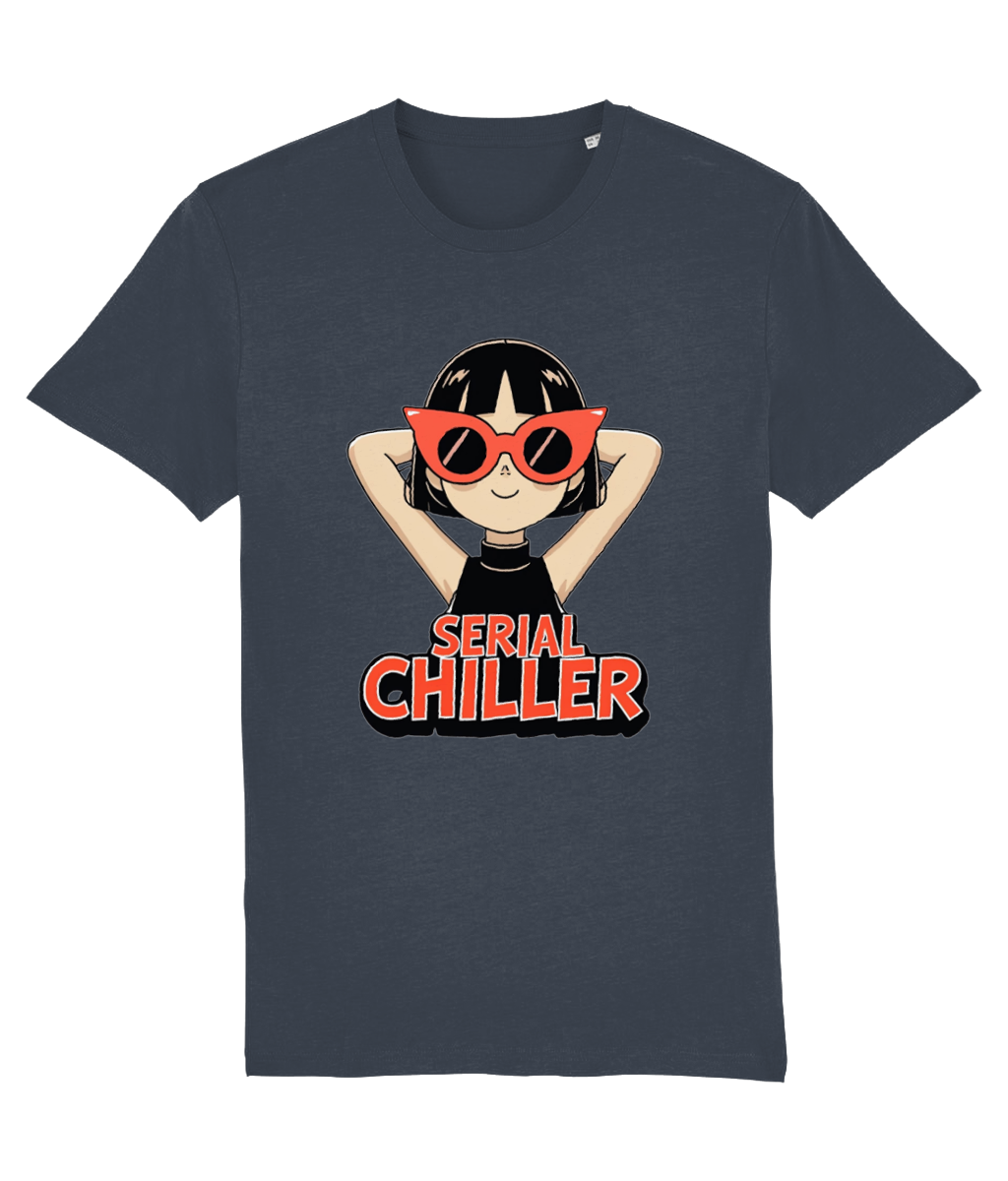 women's Navy blue t-shirt with a graphic of a person wearing red sunglasses and 'Serial Chiller' text on a white background