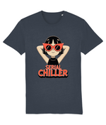 women's Navy blue t-shirt with a graphic of a person wearing red sunglasses and 'Serial Chiller' text on a white background