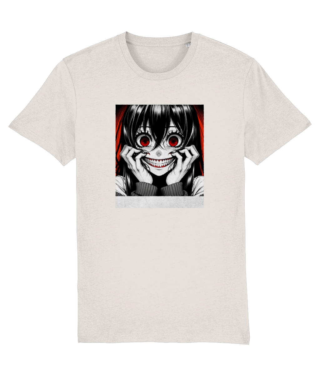 A womens Stanley/Stella Muser light beige crewneck t-shirt featuring a square graphic print of a creepy anime-style character with red eyes and a wide grin.