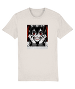 A womens Stanley/Stella Muser light beige crewneck t-shirt featuring a square graphic print of a creepy anime-style character with red eyes and a wide grin.