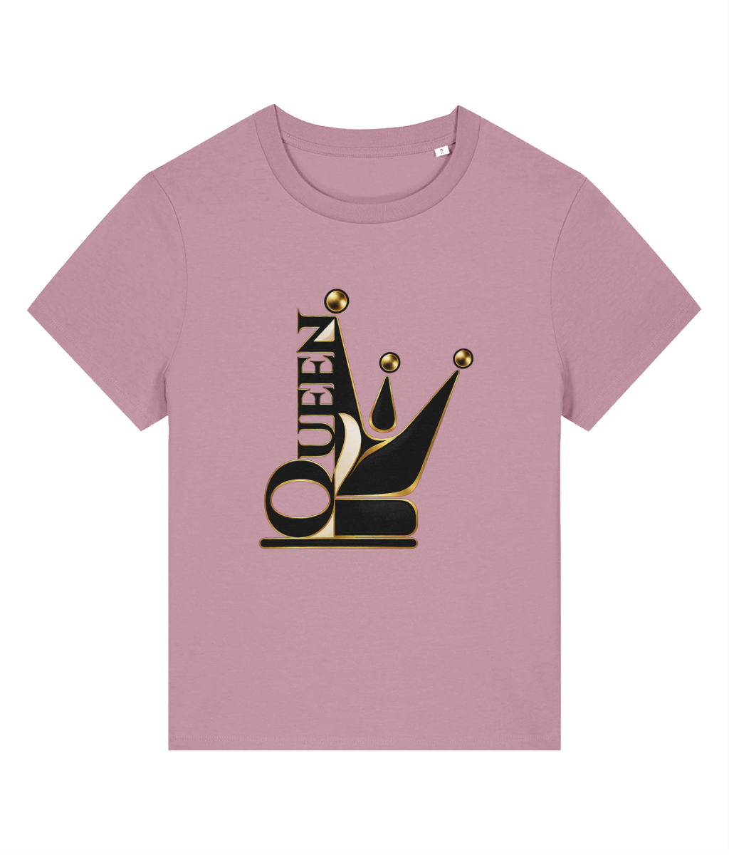 A dusty pink short-sleeve womens t-shirt with a graphic on the front featuring a stylized jester crown in black and gold with the word 'QUEEN' integrated vertically.
