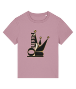 A dusty pink short-sleeve womens t-shirt with a graphic on the front featuring a stylized jester crown in black and gold with the word 'QUEEN' integrated vertically.