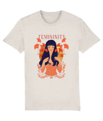 T-shirt with a graphic of a woman and the word 'Femininity' on a white background
