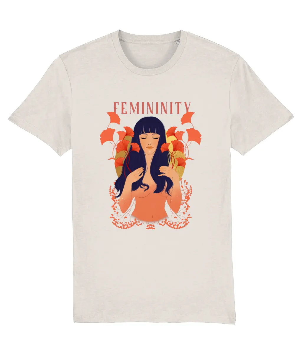 T-shirt with a graphic of a woman and the word 'Femininity' on a white background