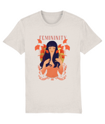 T-shirt with a graphic of a woman and the word 'Femininity' on a white background