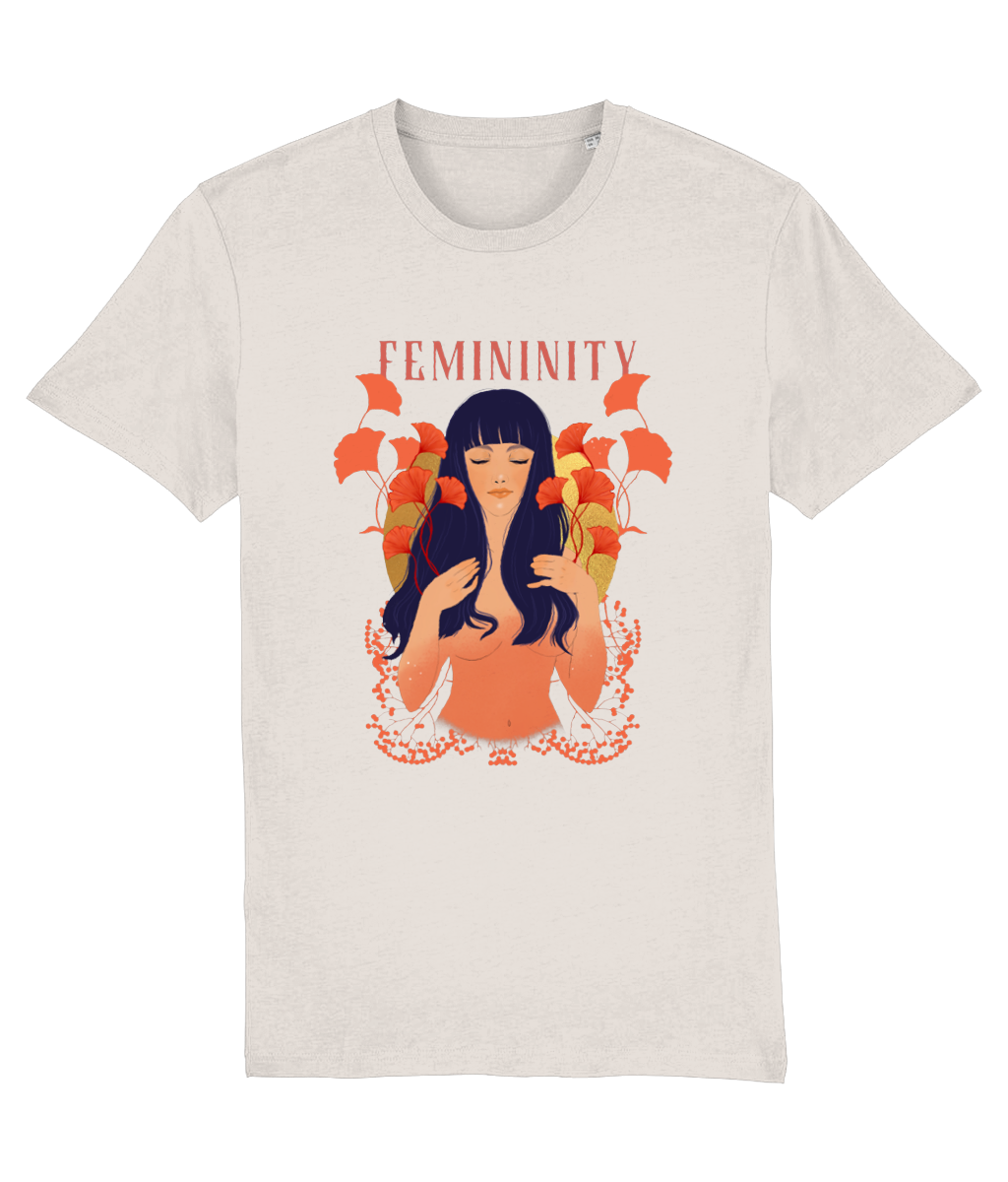 T-shirt with a graphic of a woman and the word 'Femininity' on a white background