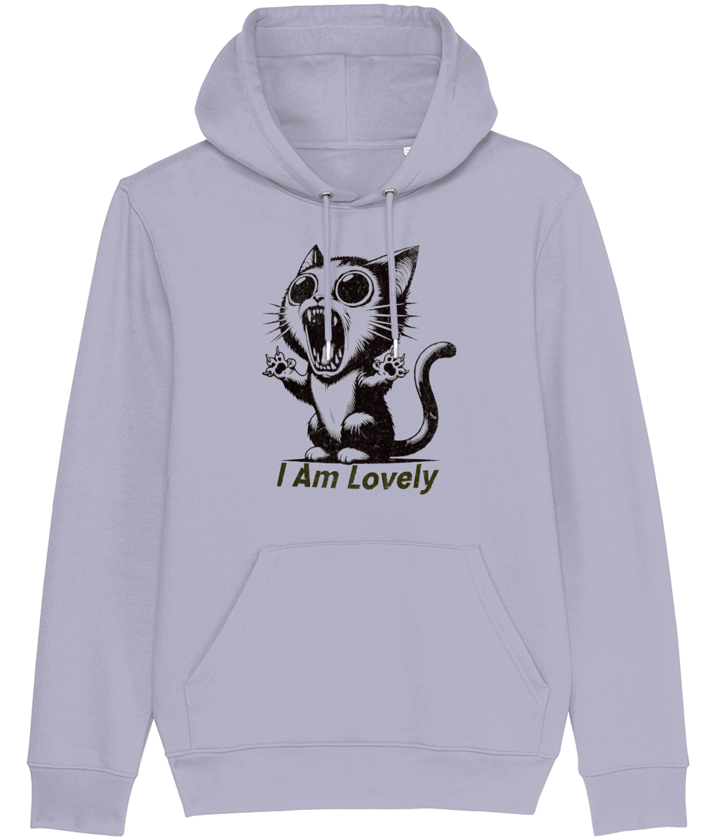 Women's Light gray hoodie with a graphic of a cat and 'I Am Lovely' text on a white background