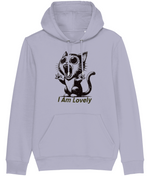 Women's Light gray hoodie with a graphic of a cat and 'I Am Lovely' text on a white background