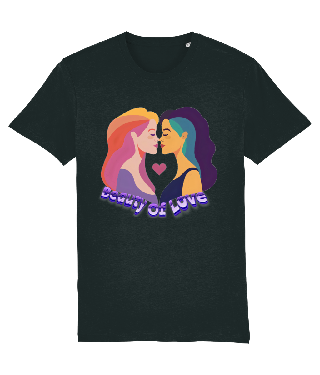 Women's Black t-shirt with a graphic of two women kissing and 'Beauty of Love' text on a white background