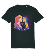 Women's Black t-shirt with a graphic of two women kissing and 'Beauty of Love' text on a white background