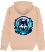 Women's Beige hoodie with a wolf graphic on the back against a white background