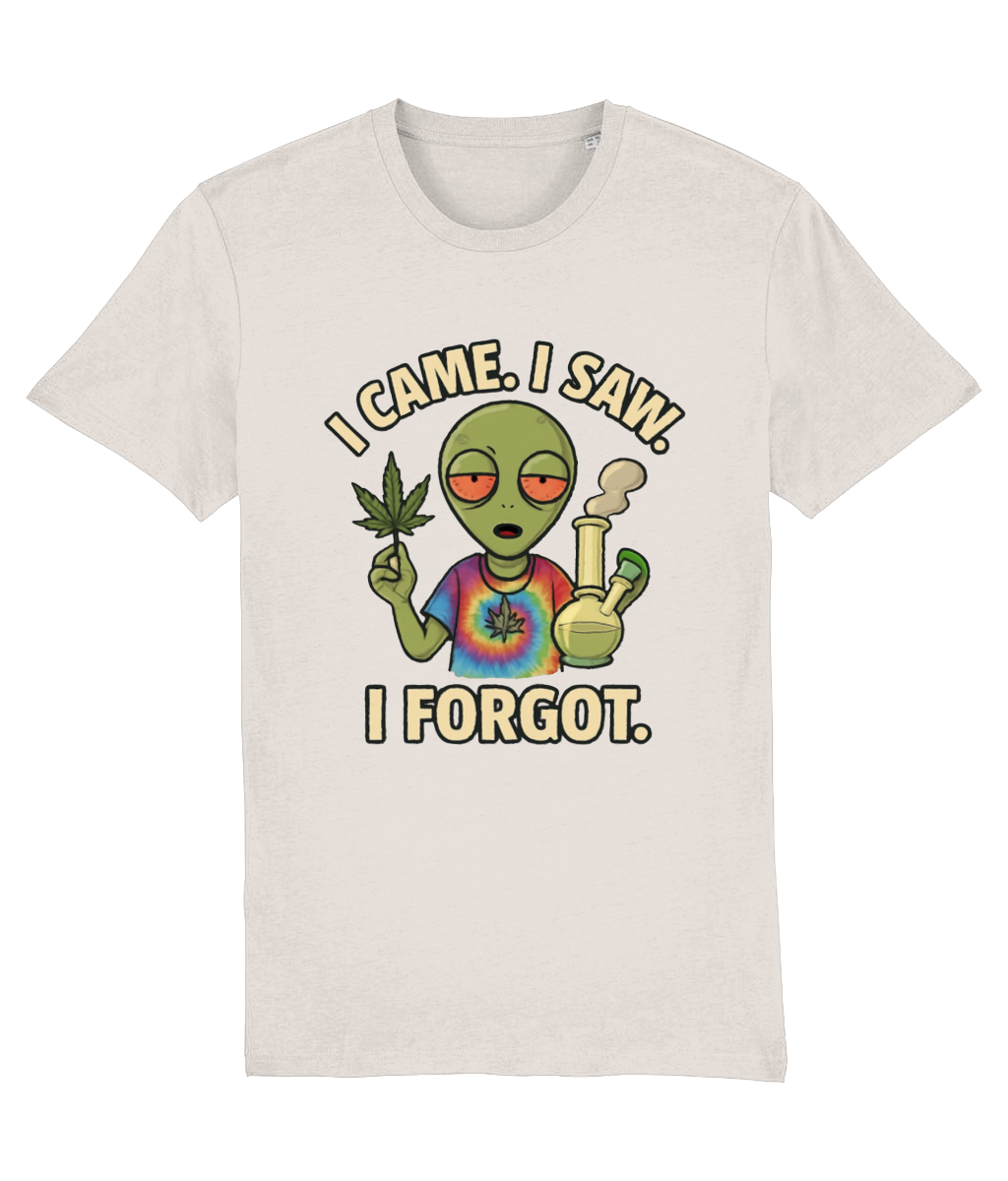 T-shirt with an alien holding a joint and a leaf, text 'I came. I saw. I forgot.' on a white background