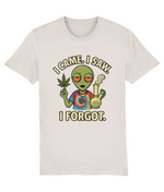 T-shirt with an alien holding a joint and a leaf, text 'I came. I saw. I forgot.' on a white background