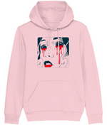 Women's Stanely/Stella Pink hoodie with a graphic design of a face with red accents on a white background