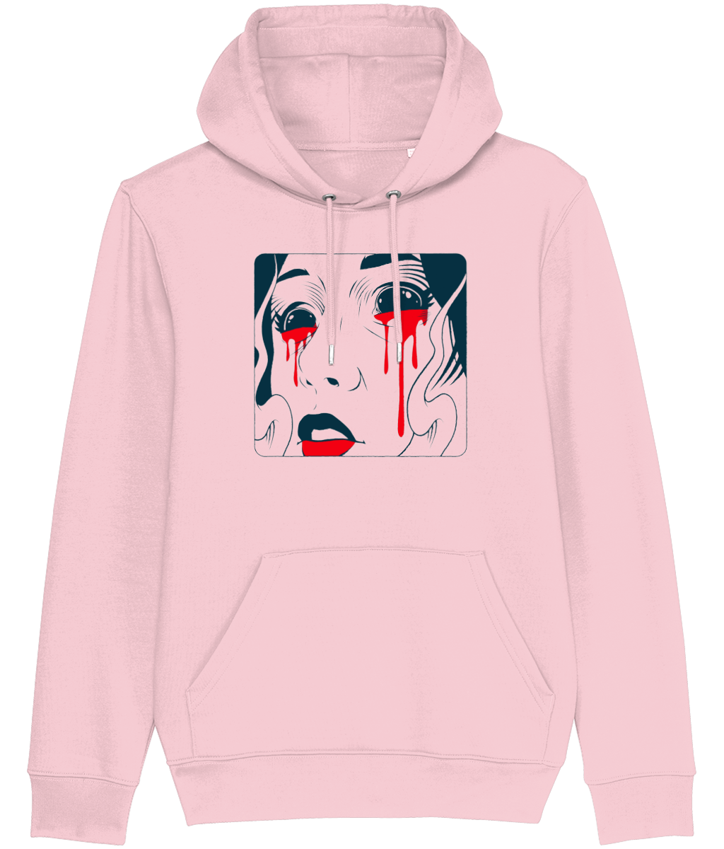 Women's Stanely/Stella Pink hoodie with a graphic design of a face with red accents on a white background