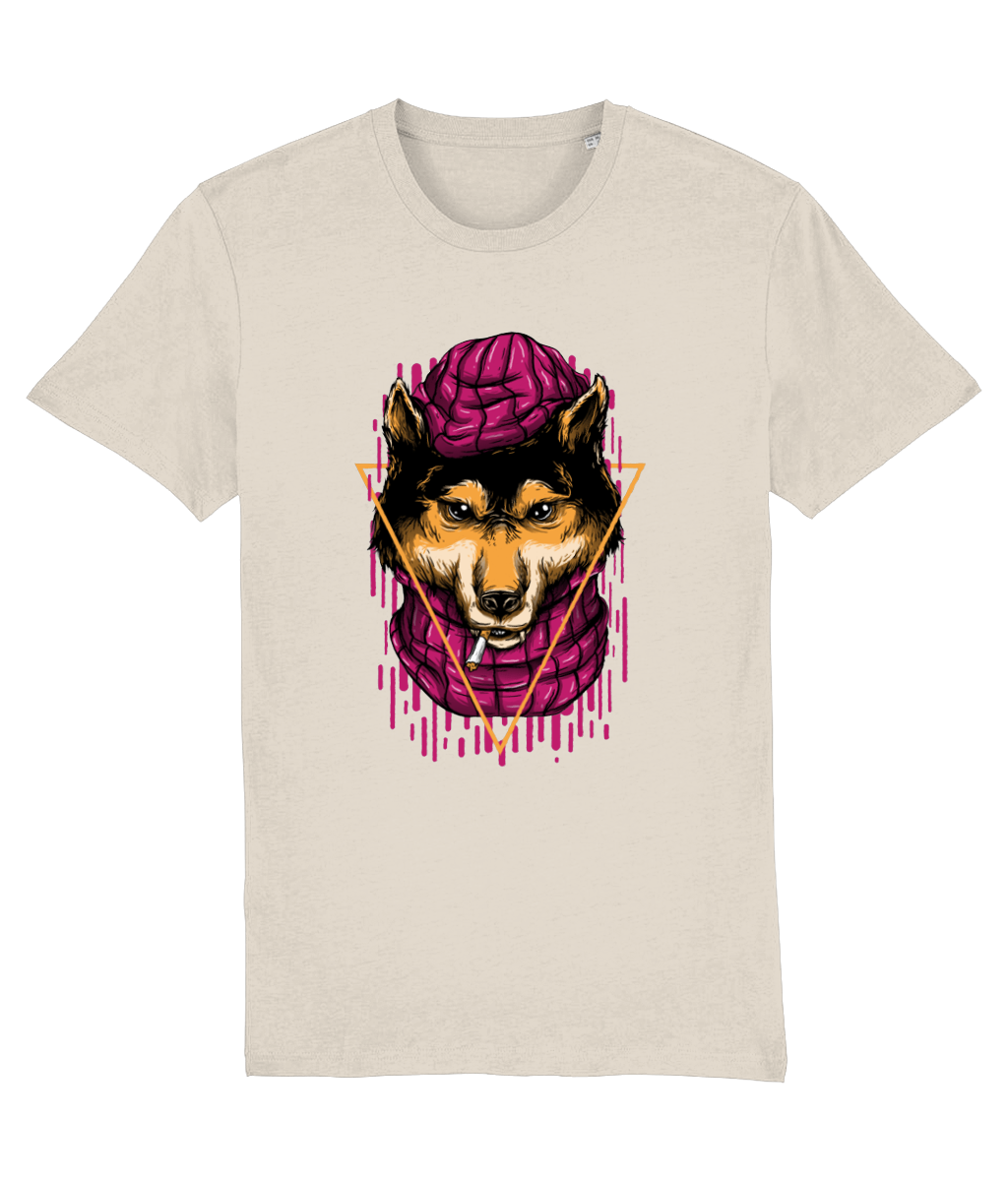 Beige t-shirt with a graphic of a dog wearing a pink scarf and hat on a white background