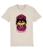 Beige t-shirt with a graphic of a dog wearing a pink scarf and hat on a white background