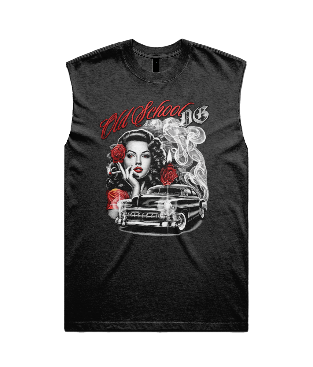 Mens tank top featuring a vintage-style graphic print of a pin-up woman, red roses, a classic car, and the text 'Old School 96' in red and white.