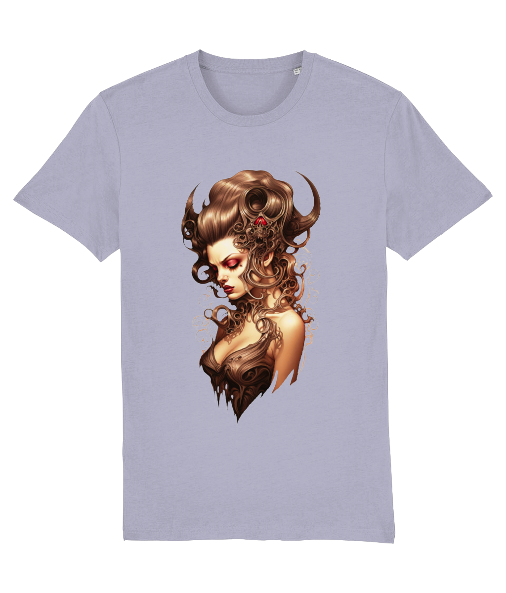 Light purple t-shirt with a graphic of a woman's head with long hair on a white background